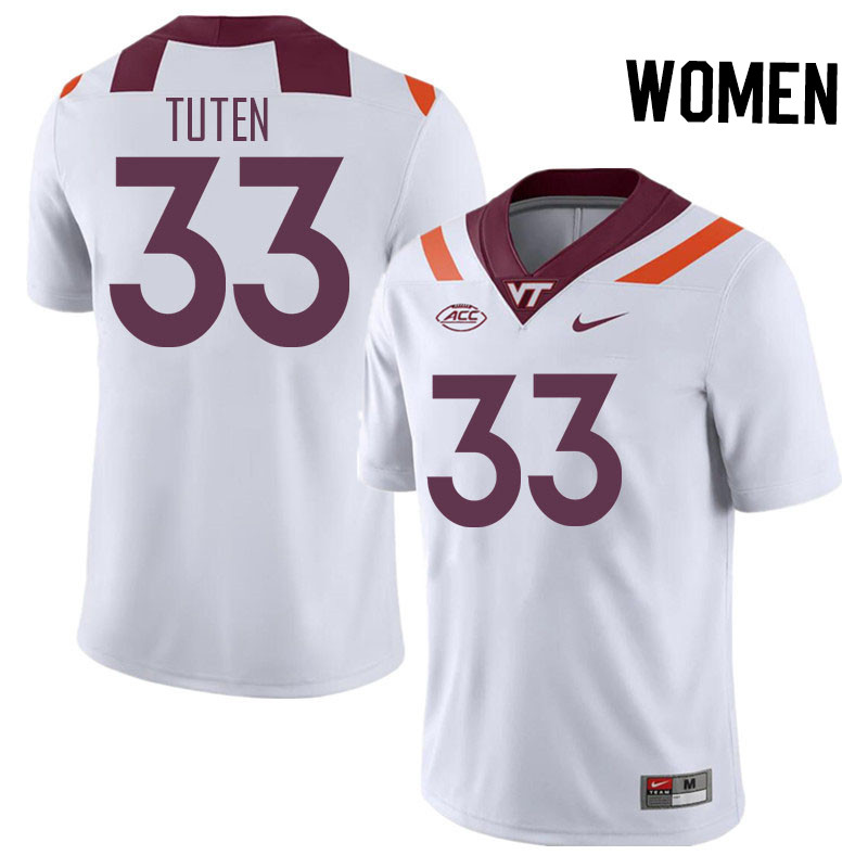 Women #33 Bhayshul Tuten Virginia Tech Hokies College Football Jerseys Stitched Sale-White - Click Image to Close